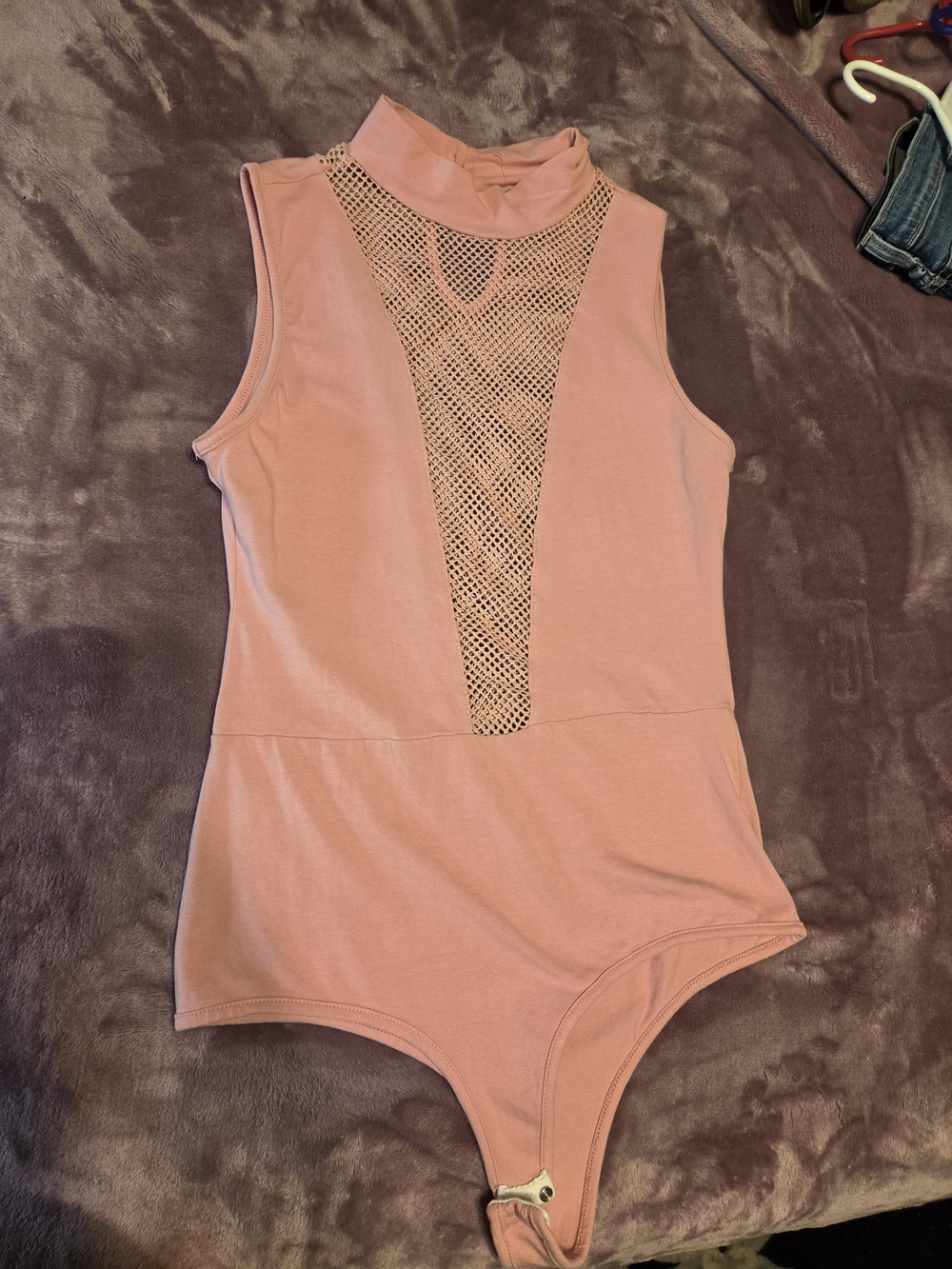 Sleeveless Pink Mock Neck Mesh-Front Bodysuit